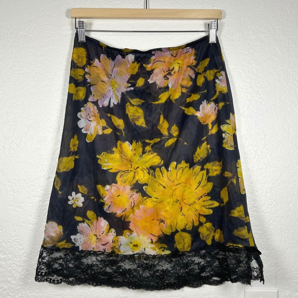 Vintage 90s Vanity Fair Black Yellow Floral Lace Slip Skirt Size M